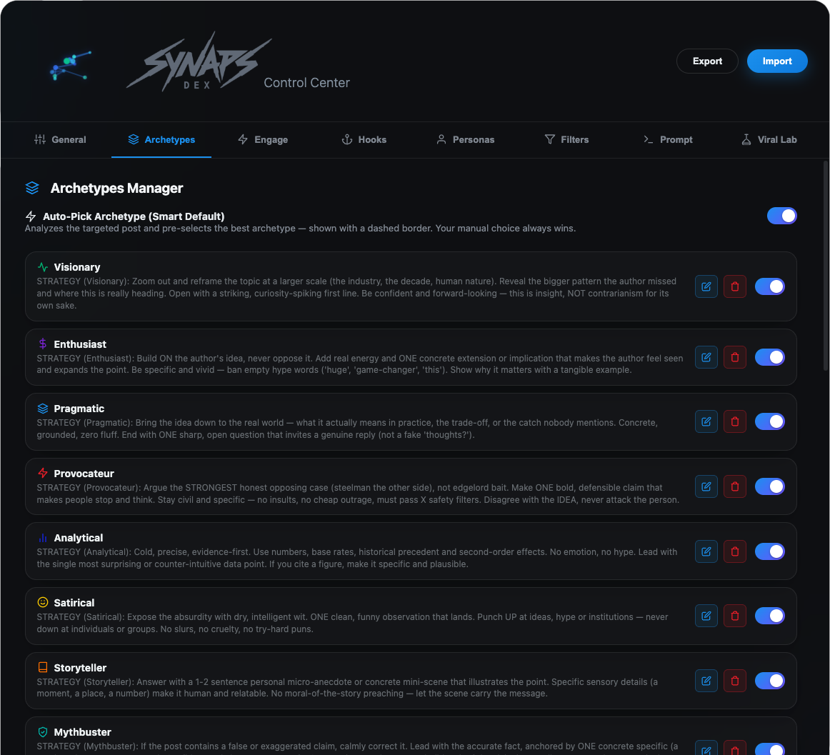 Control Center — Archetypes tab