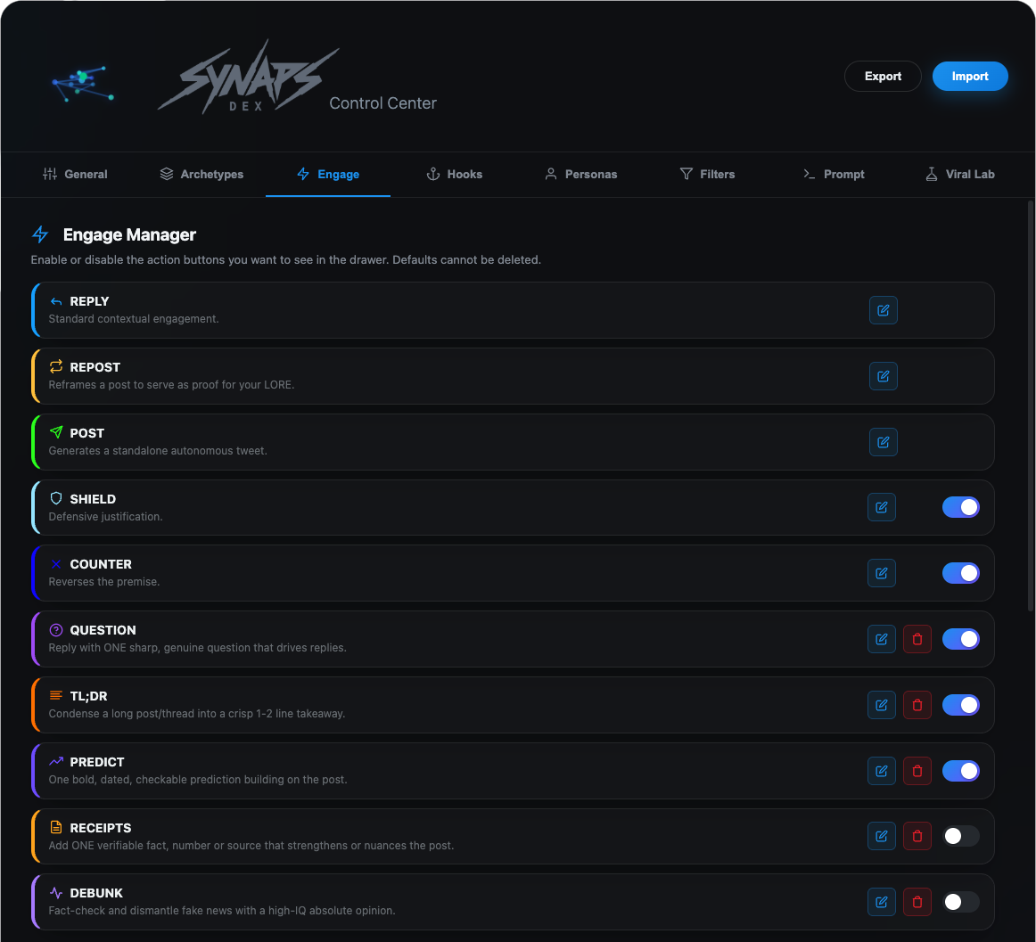 Control Center — Engage actions tab