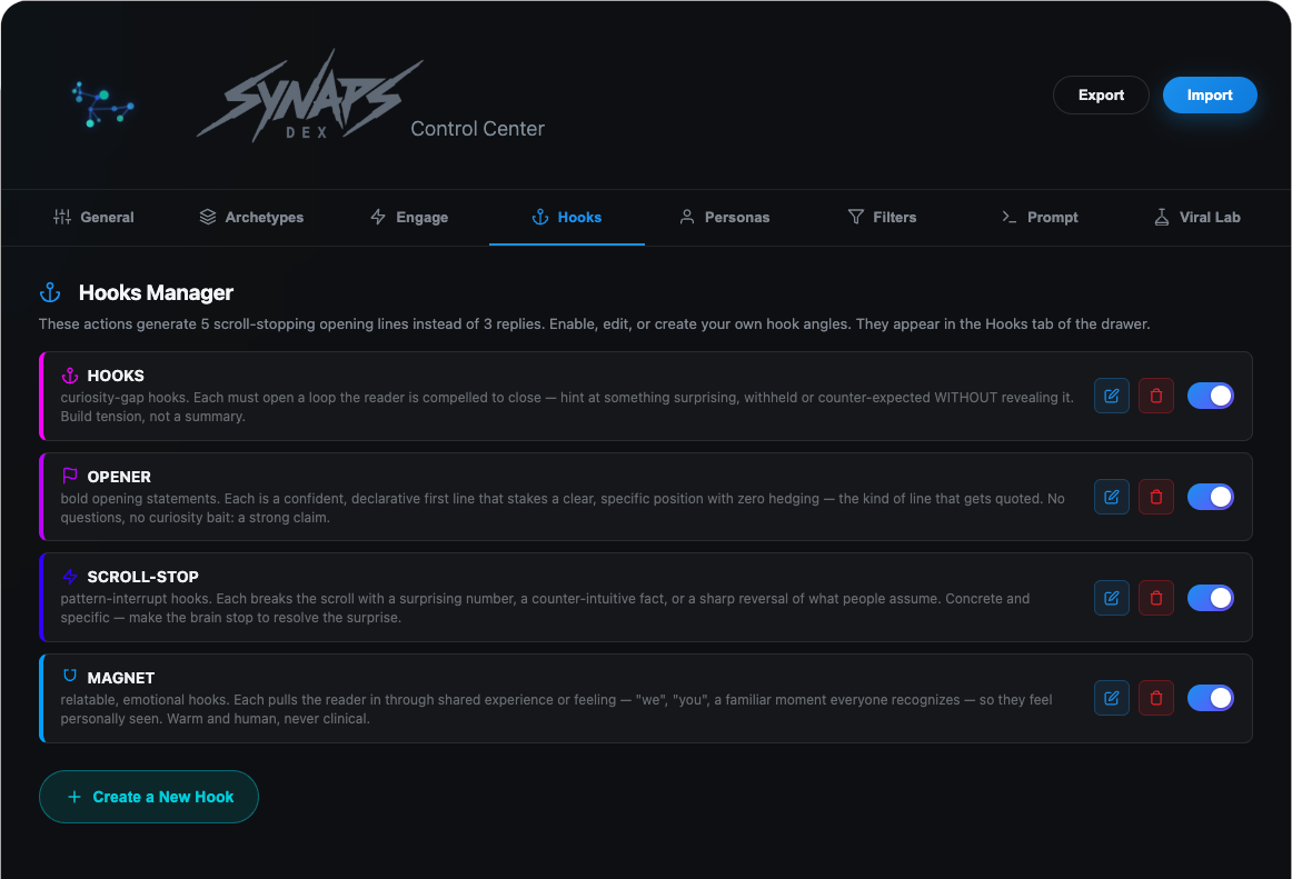 Control Center — Hooks tab